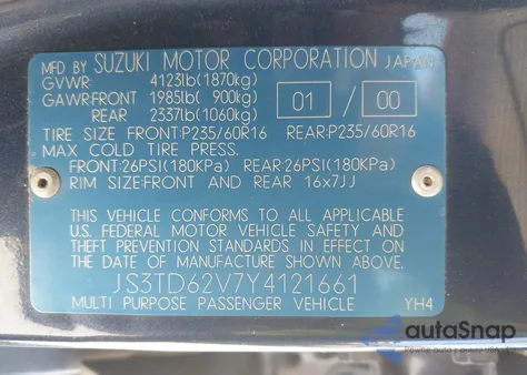 2000 Suzuki Grand Vitara Jlx/Jlx+/Limited из США, поврежденный, VIN JS3TD62V7Y4121661